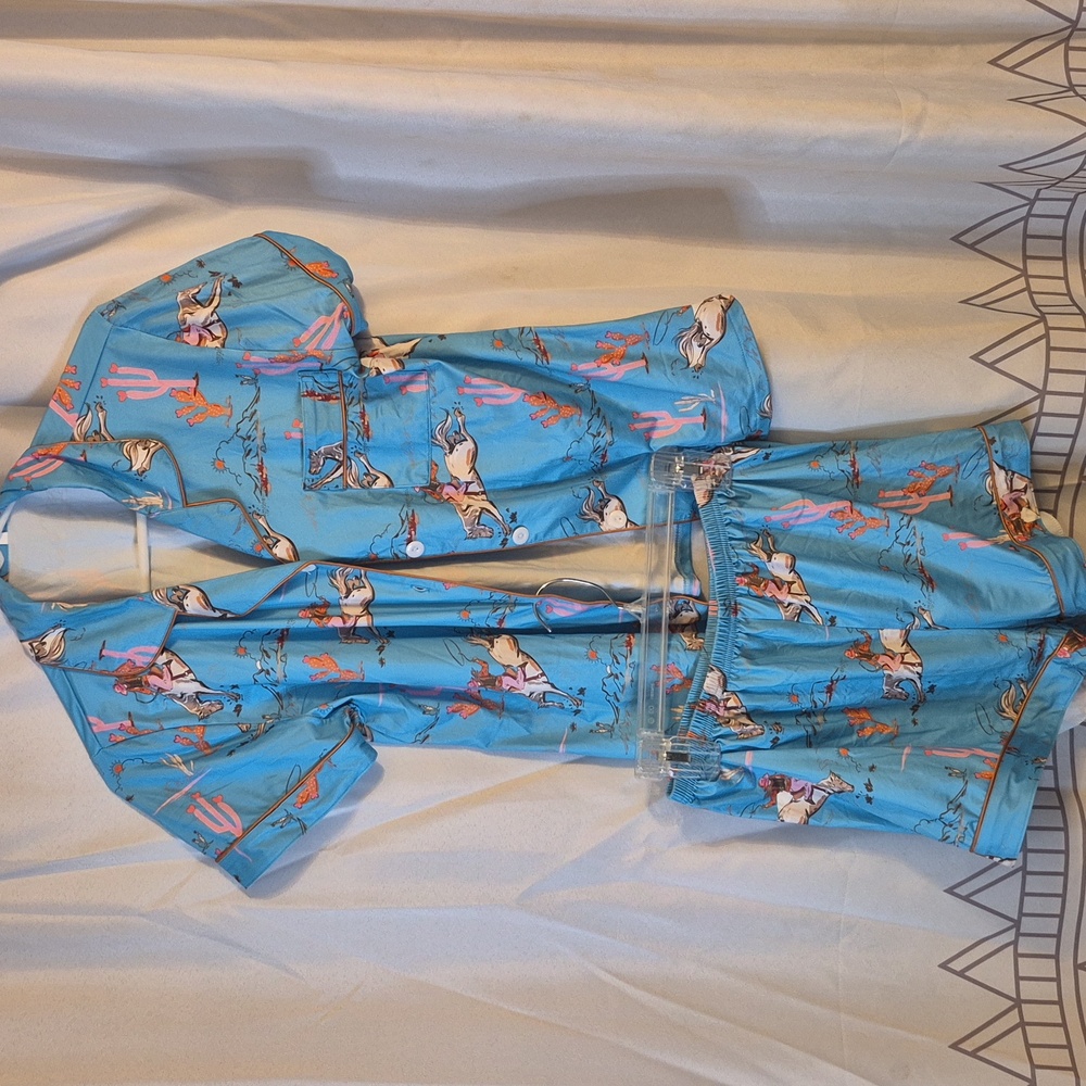 Tourquoise Blue Pajama Set with Horse Print - Picture 2 of 3